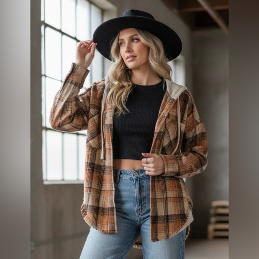 NWT Very J Plaid Distressed Layered Flannel Hoodie Button Down Hooded Shacket - Picture 7 of 7